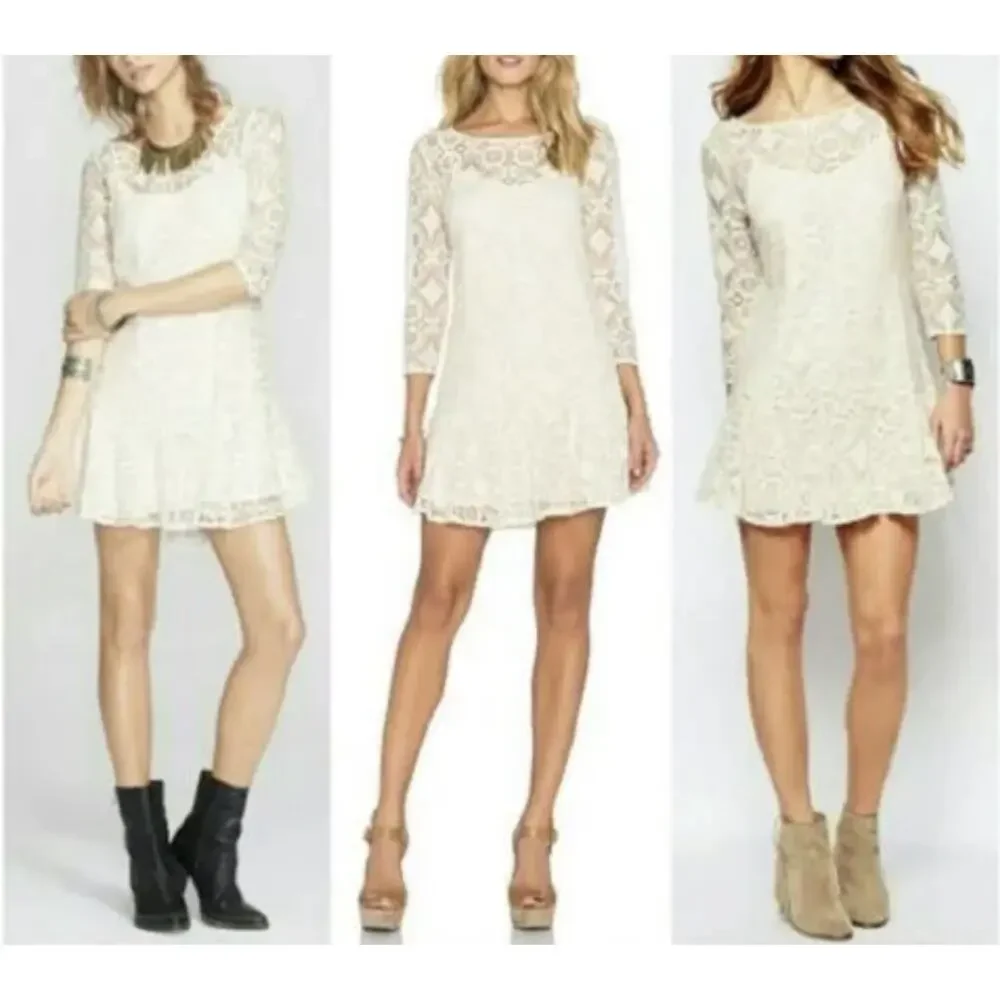 Free People Dress Womens 10 Ivory Lace Ruffle Hem 3/4 Sleeve Sheath *Read